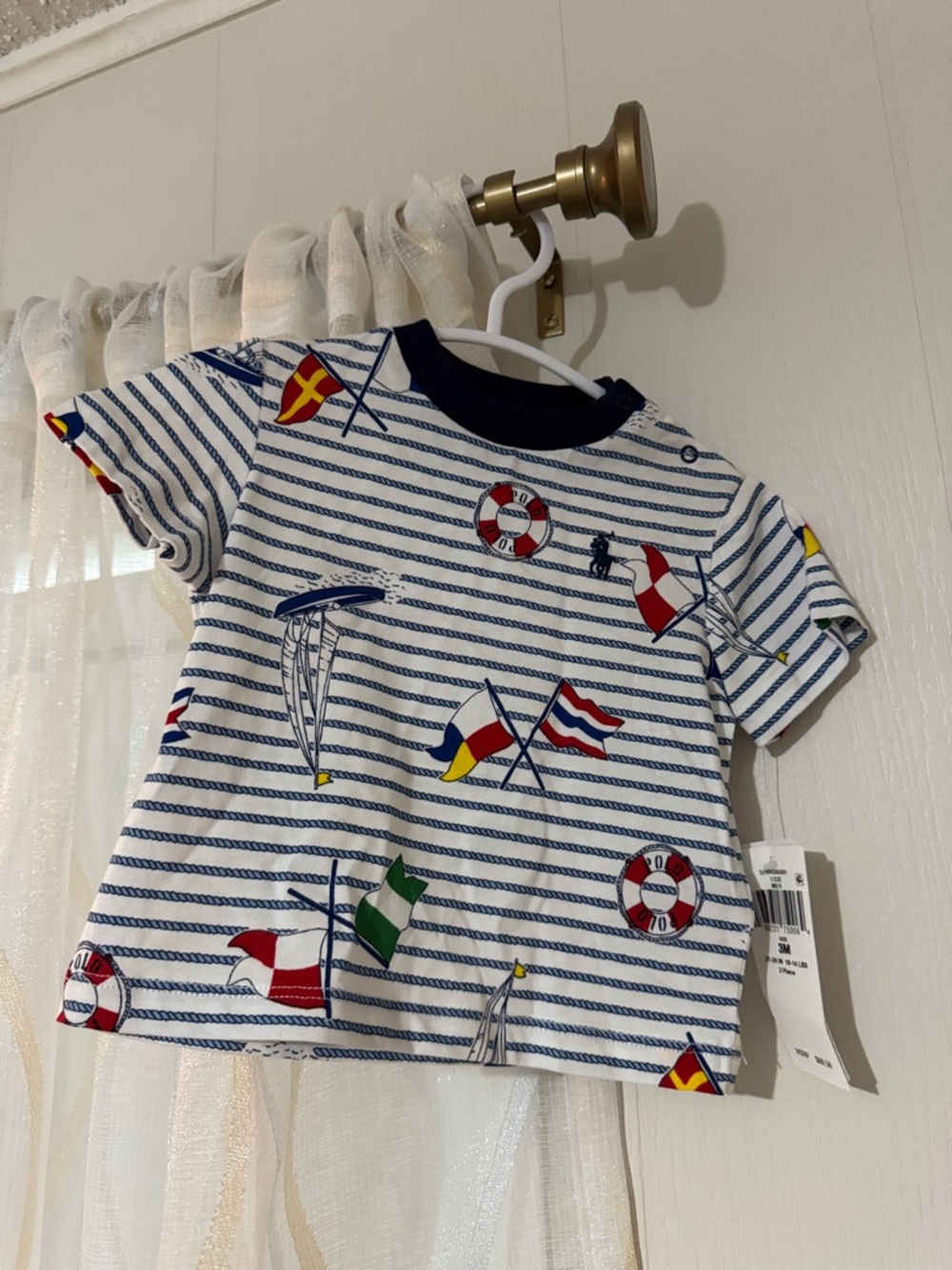 Ralph Lauren White & Navy Striped Tee with Nautical Flag Print